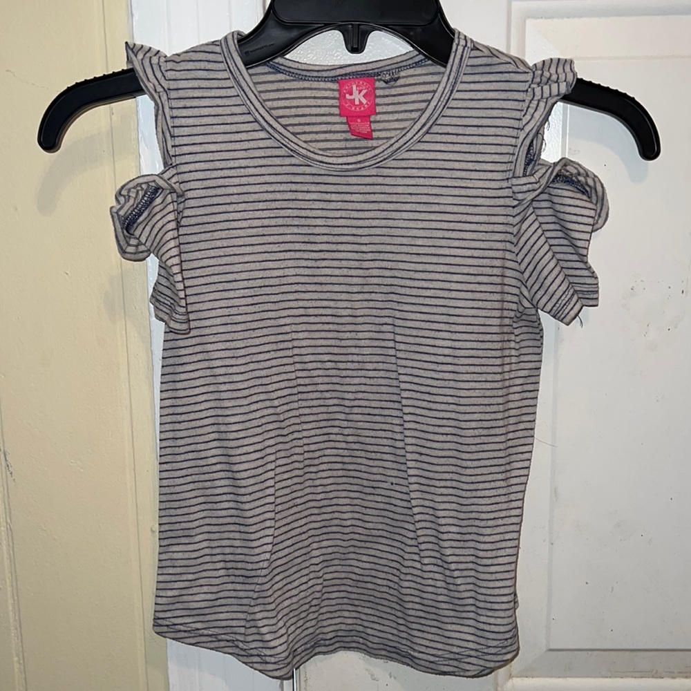 Size: youth small   Brand JK.    Color grey with navy stripes